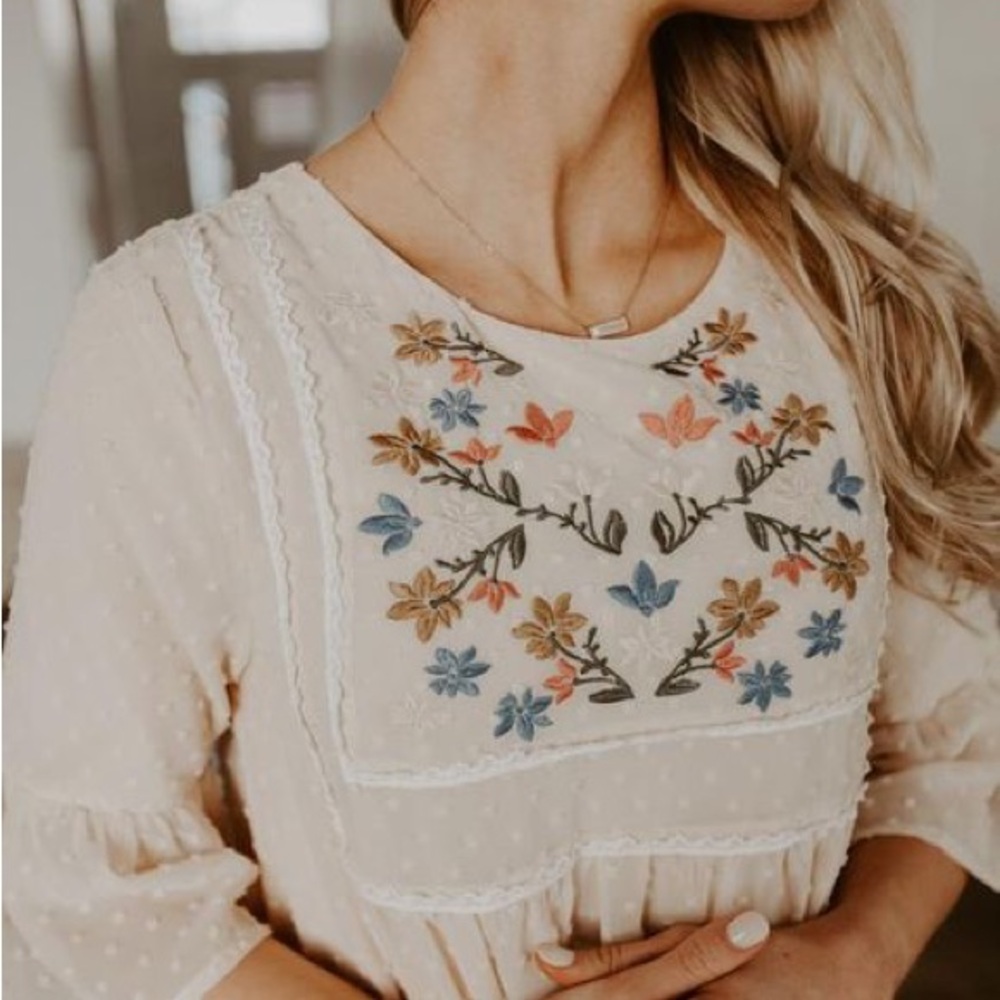 NWOT Swiss Dot Floral Embroidered Cream Dress